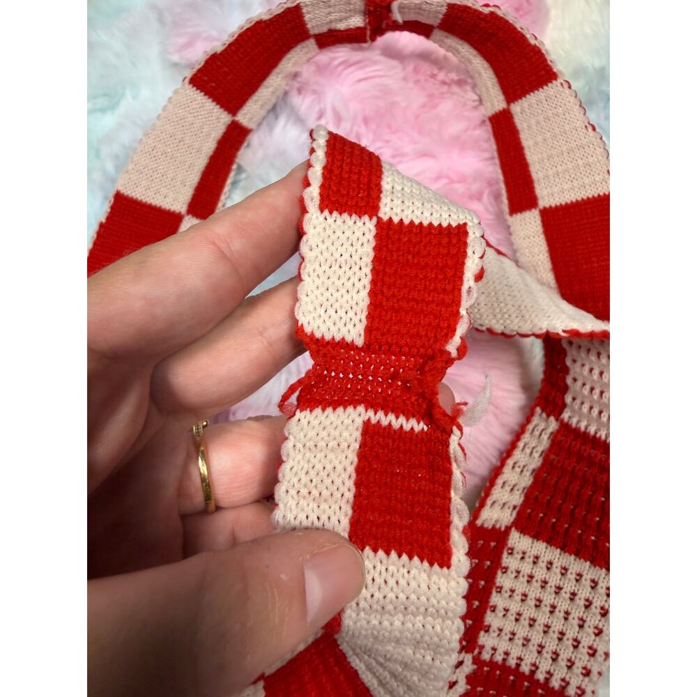 Handmade Crochet Checkerboard Tote Bag Red White Picnic Style - Picture 14 of 15